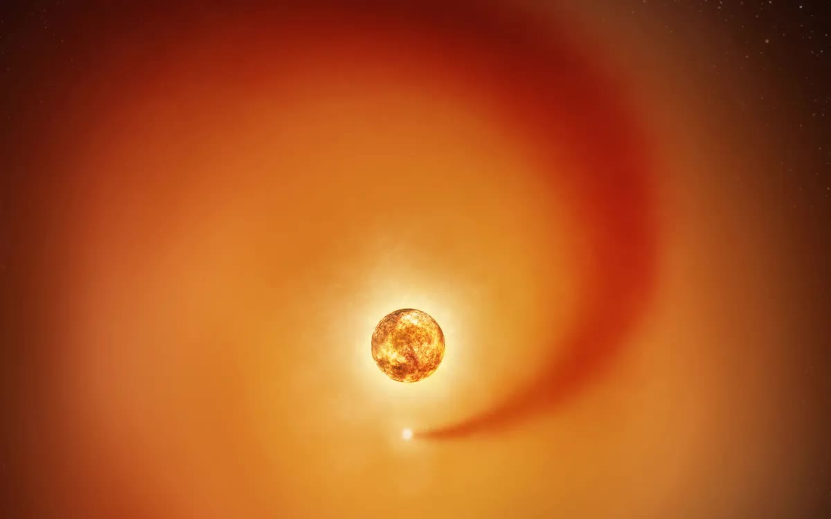 Minh họa sao siêu khổng lồ Betelgeuse cùng ngôi sao đồng hành Siwarha, tạo vệt khí khi chuyển động trong khí quyển ngoài của Betelgeuse, ngày 17/12/2025 (Ảnh: NASA/ESA/Reuters)