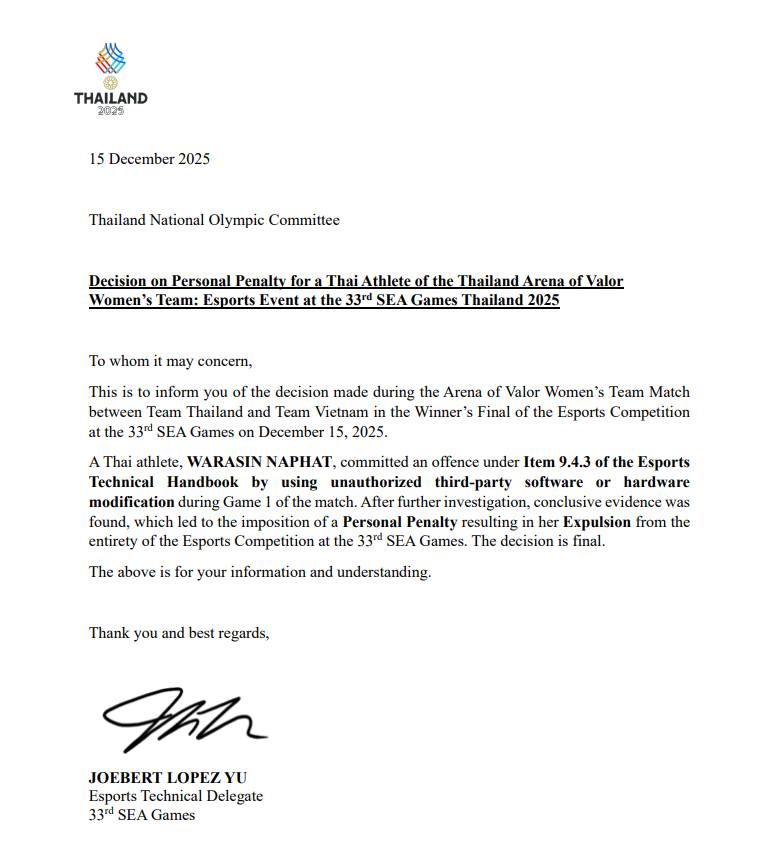 Gian lận nhờ người thi đấu hộ vẫn thua trắng tuyển Việt Nam, nữ tuyển thủ Thái Lan bị trục xuất khỏi SEA Games 33- Ảnh 1.