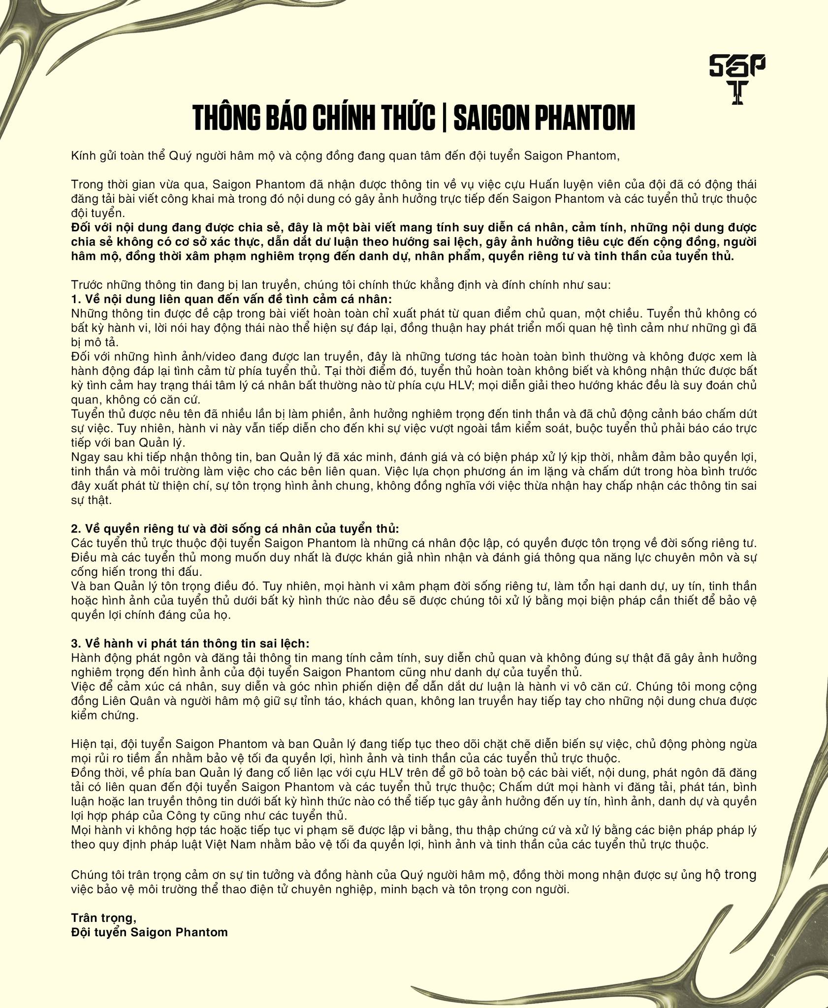 Saigon Phantom chính thức lên tiếng về drama tình cảm của cựu HLV với tuyển thủ- Ảnh 2.