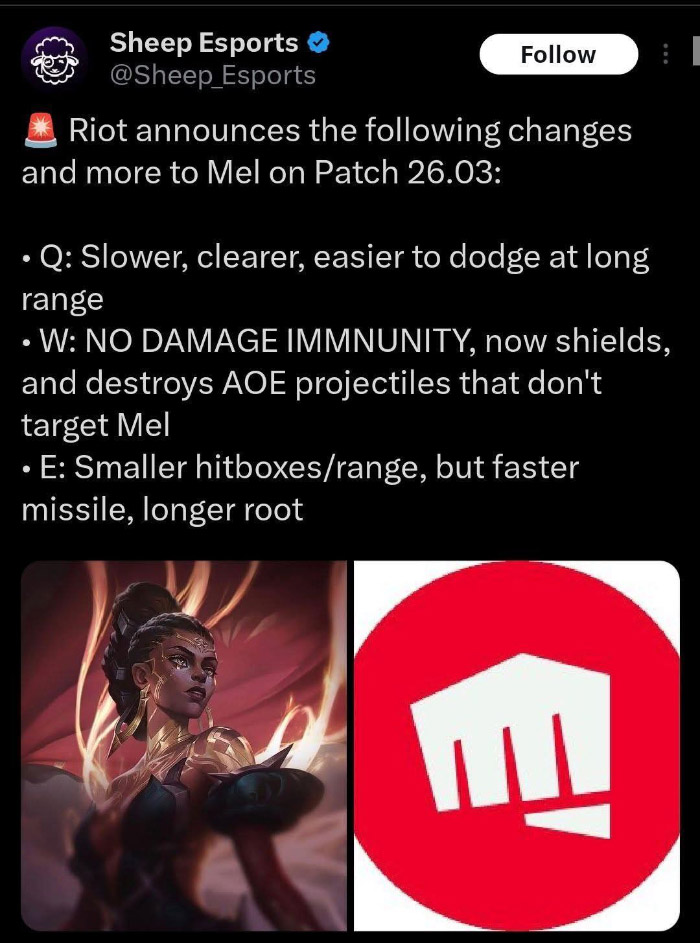 LMHT 26.03: Mel chính thức bị nerf nặng, khả năng biến mất khỏi meta 618249982 1426029762448276 79174