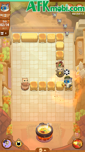 Bảo vệ nồi súp trước các đợt kẻ thù là bọn chuột trong game Cat Cook: Defense 1
