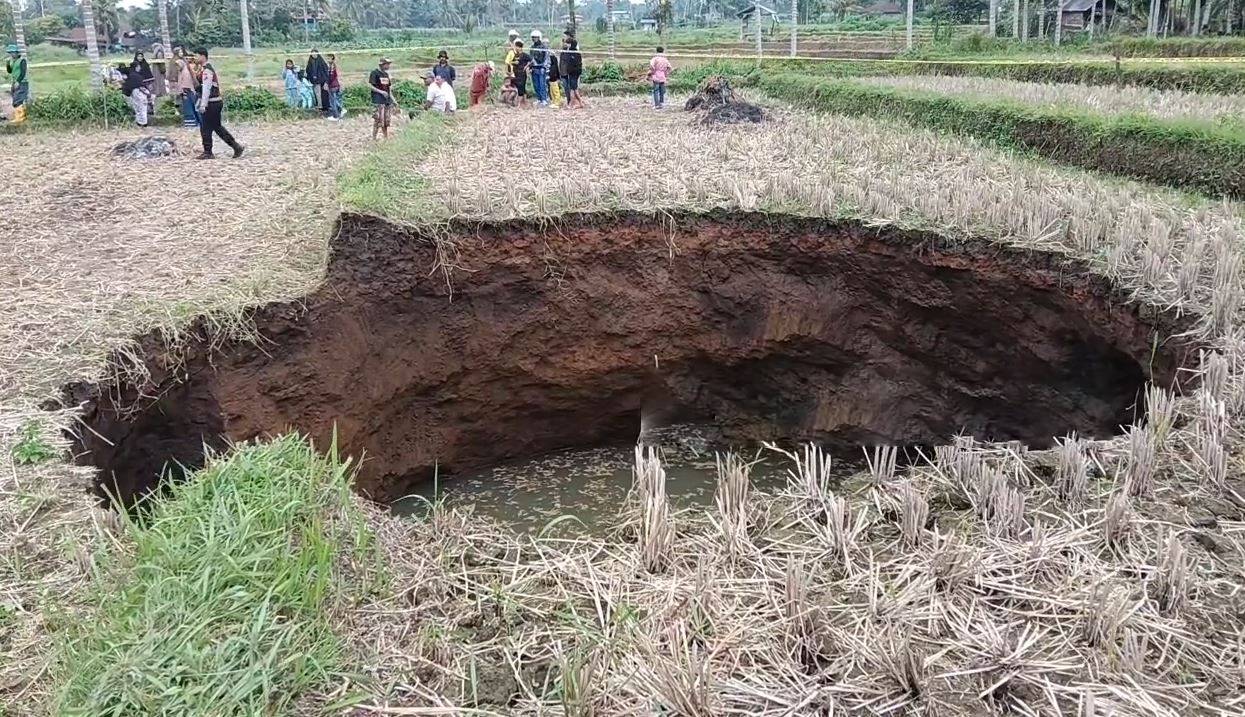 Ruộng lúa bất ngờ xuất hiện hố sụt sâu 5,7 mét, dân đổ xô đến xem- Ảnh 1.