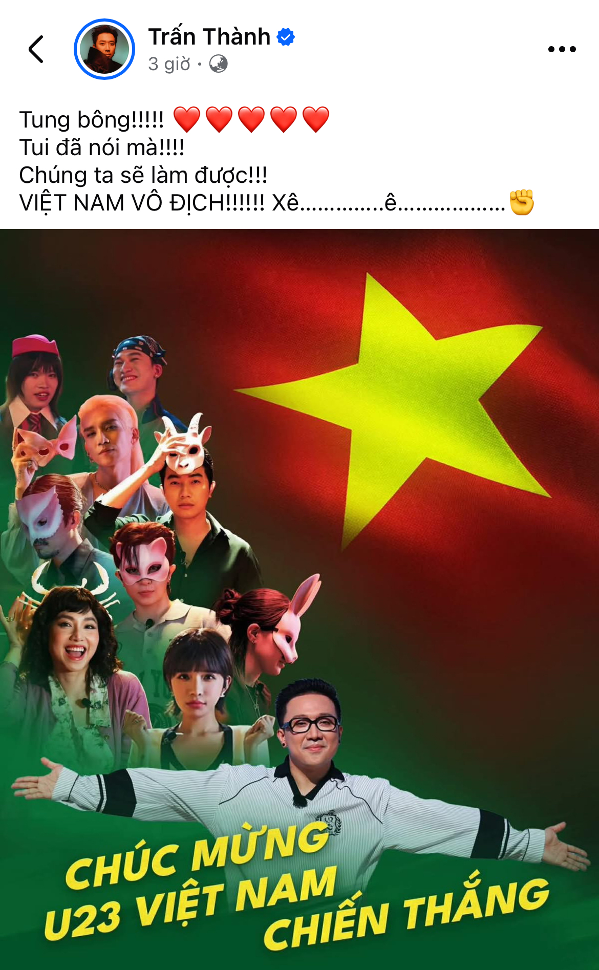 Trấn Thành, Hoà Minzy và dàn sao Việt vỡ oà trước chiến thắng của U23 Việt Nam- Ảnh 1.