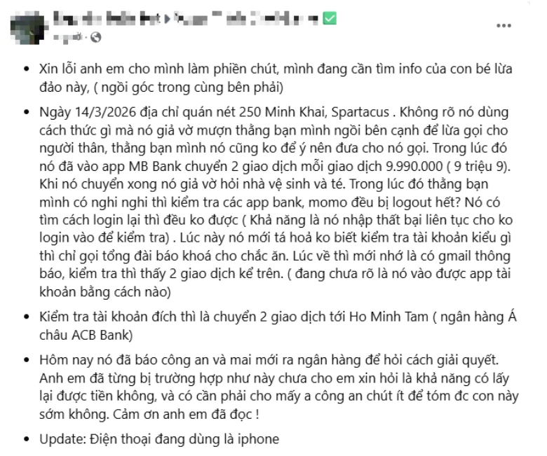 Lừa đảo mượn điện thoại tại quán net khiến người chơi mất gần 20 triệu đồng chỉ trong vài phút