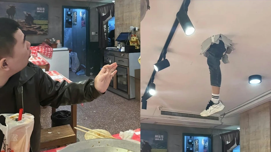 Đang dùng bữa, khách hàng tá hỏa thấy chân người rơi xuống từ trần nhà vỡ toác