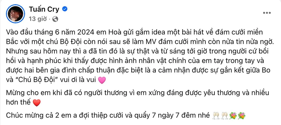 Hòa Minzy đã lên ý tưởng cho bài hát đám cưới từ 2 năm trước, gọi bạn trai Đại uý là “Bộ đội Cụ Hồ”