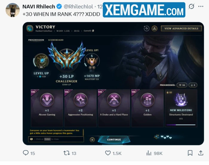 Riot Games loại bỏ "trần điểm" xếp hạng tối đa, game thủ top đầu vui mừng không xiết