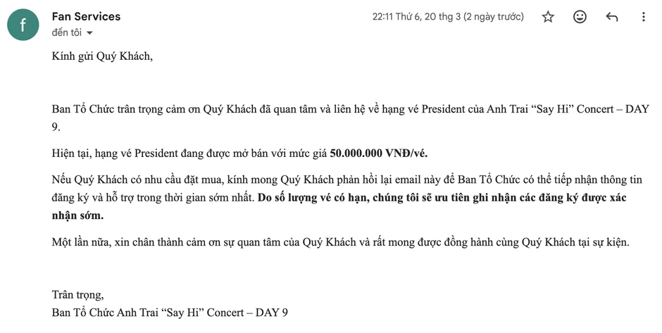 Xôn xao mức giá vé lên tới 50 triệu đồng, concert Anh Trai Say Hi D-9 đang hứa hẹn điều gì? Xôn xao mức giá vé lên tới 50 triệu đồng, concert Anh Trai Say Hi D-9 đang hứa hẹn điều gì?