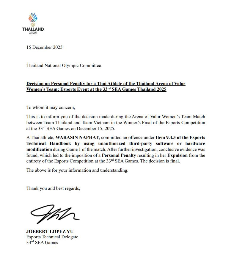 VĐV nữ Liên Quân Thái Lan bị truất quyền thi đấu vì gian lận tại SEA Games 33 lqm thai lan olympic