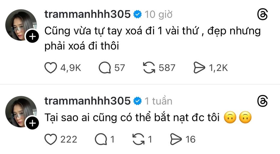 Trâm Anh xoá ảnh chung và unfollow JustaTee, đăng dòng trạng thái: