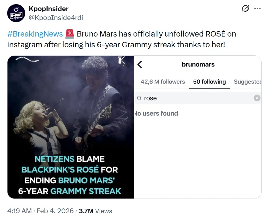 Rosé (BLACKPINK) vừa bị Bruno Mars cắt đứt quan hệ, tất cả tại thất bại ê chề ở Grammy 2026?- Ảnh 1.