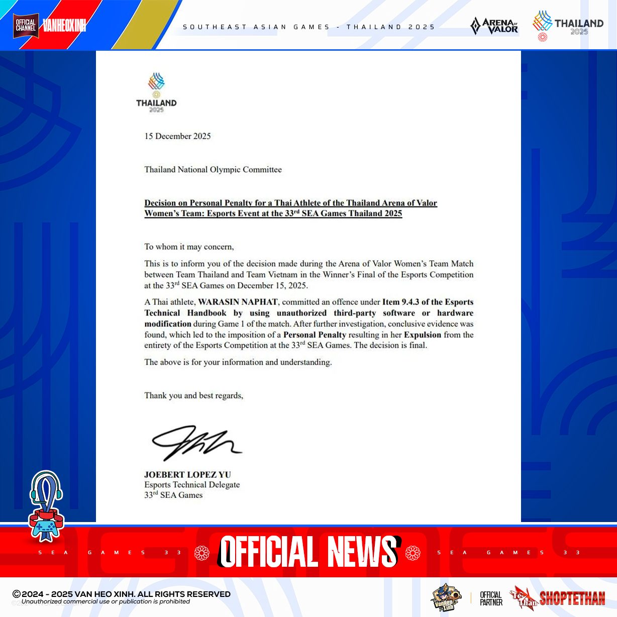 Nữ tuyển thủ Liên Quân Mobile Thái Lan dính án phạt cực nặng tại SEA Games 33 vì gian lận- Ảnh 1.