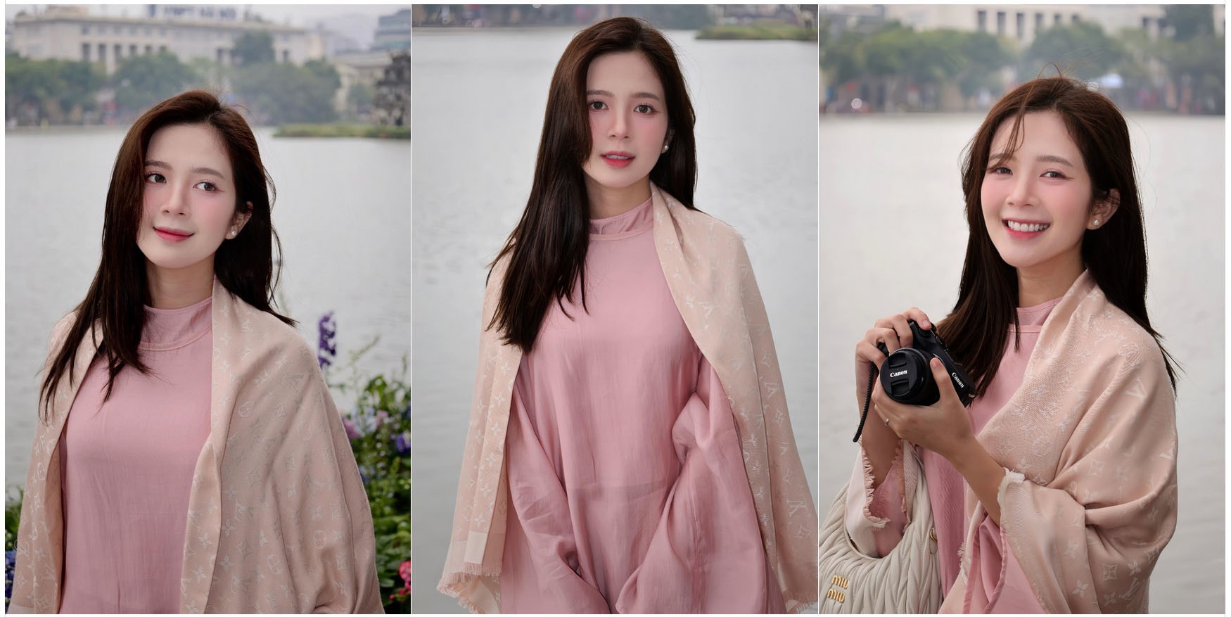 Diễn viên Nguyễn Hoàng Ngọc Huyền khoe hình ảnh tại Hồ Gươm, chụp theo phong cách nàng thơ. Nữ diễn viên trang điểm tông hồng, ấm, mặc áo dài hồng pastel phối thêm khăn cùng gam màu.