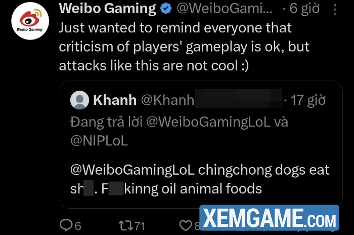 Antifan Việt bị Weibo Gaming chỉ thẳng danh vì nhục mạ tuyển thủ, khiến cộng đồng xấu mặt
