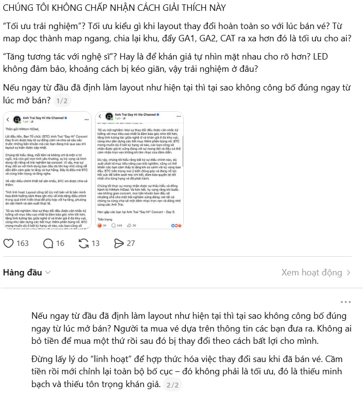 BTC Concert Anh Trai Say Hi lên tiếng về việc đổi seatmap nhưng không dập được sự bức xúc của fan BTC Concert Anh Trai Say Hi lên tiếng về việc đổi seatmap nhưng không dập được sự bức xúc của fan