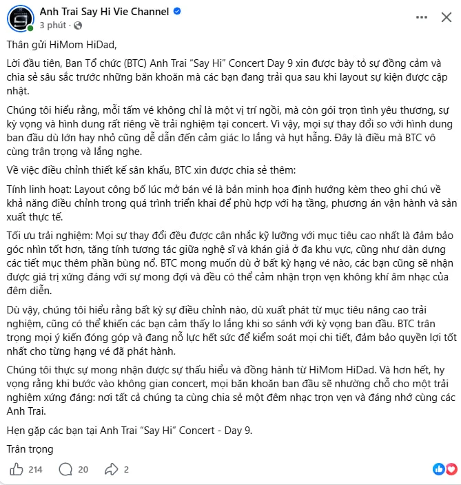 BTC Concert Anh Trai Say Hi lên tiếng về việc đổi seatmap nhưng không dập được sự bức xúc của fan BTC Concert Anh Trai Say Hi lên tiếng về việc đổi seatmap nhưng không dập được sự bức xúc của fan