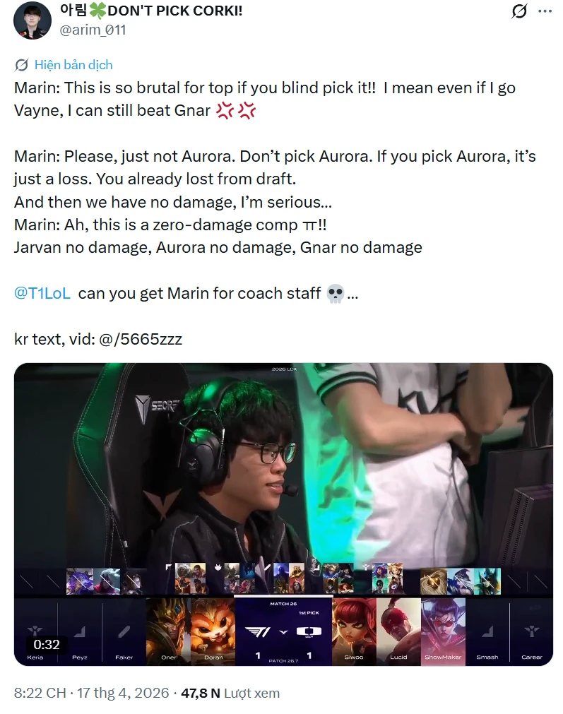 Cựu huyền thoại SKT T1 đã chốt luôn kết quả ngay từ khâu cấm chọn của đội nhà