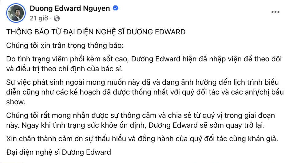 Dương Edward phải nhập viện cấp cứu, ra thông báo quan trọng Dương Edward phải nhập viện cấp cứu, ra thông báo quan trọng