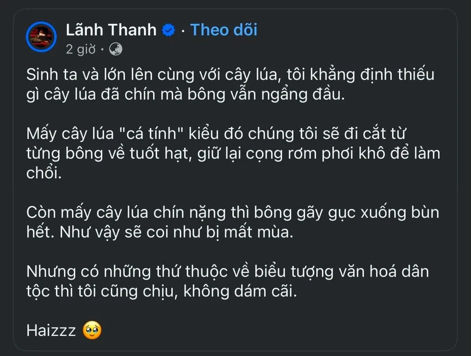 Lãnh Thanh gặp chỉ trích vì phát ngôn: "Thiếu gì cây lúa đã chín mà bông vẫn ngẩng đầu"