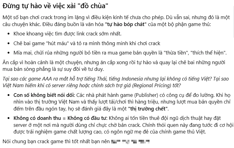 Lên án chơi game Crack, game thủ khiến cộng đồng nảy sinh tranh cãi