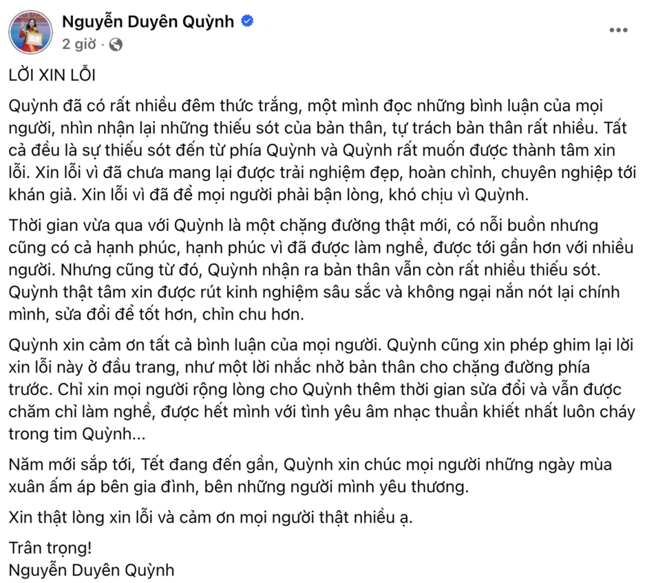 Nguyễn Duyên Quỳnh - giọng ca Nhạc viện phải xin lỗi vì hát nhép