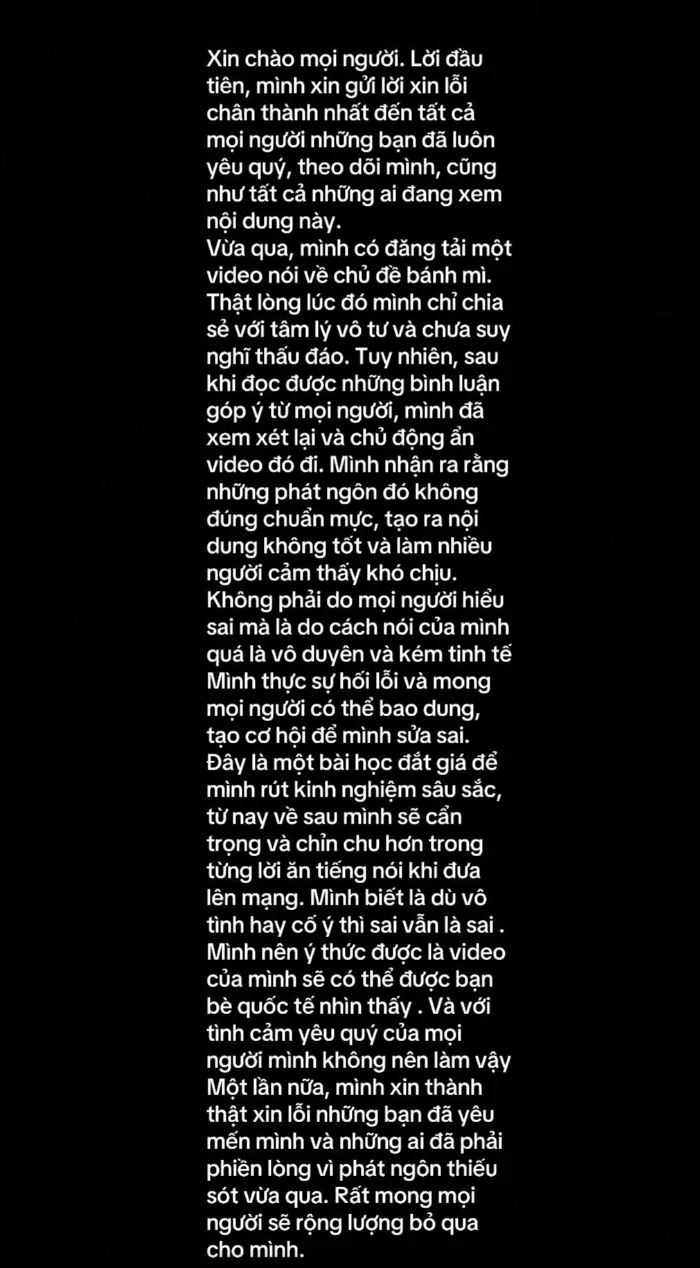 Phát ngôn “chỉ đói khát, khổ cực mới ăn bánh mì”: TikToker 3,1 triệu followers xin lỗi, thừa nhận mình vô duyên Phát ngôn “chỉ đói khát, khổ cực mới ăn bánh mì”: TikToker 3,1 triệu followers xin lỗi, thừa nhận mình vô duyên