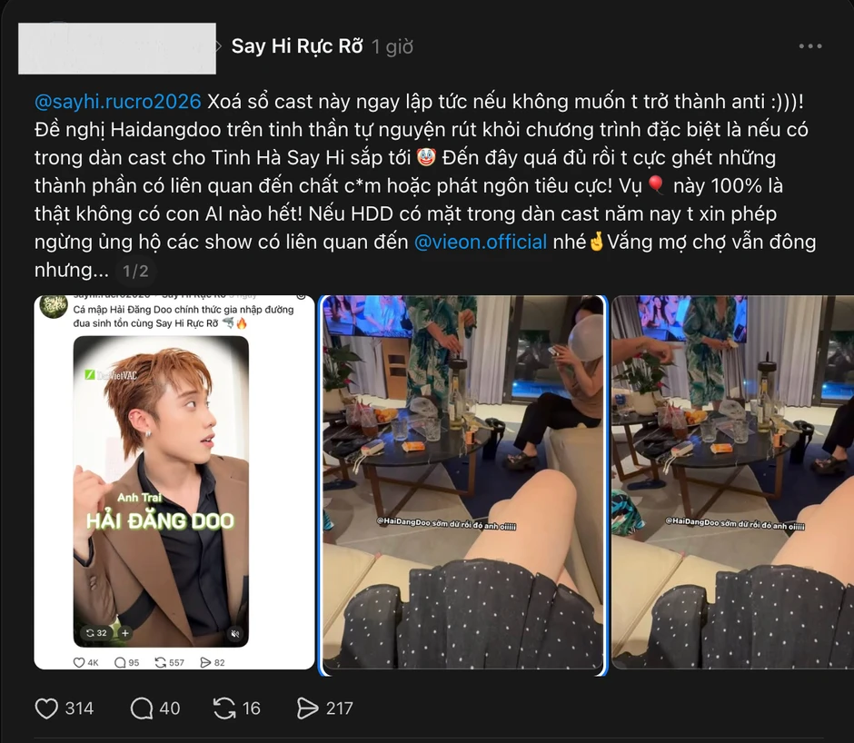 Căng: Fan đòi xoá sổ Hải Đăng Doo khỏi Say Hi Rực Rỡ và Sao Nhập Ngũ concert, phía NSX nói gì? Căng: Fan đòi xoá sổ Hải Đăng Doo khỏi Say Hi Rực Rỡ và Sao Nhập Ngũ concert, phía NSX nói gì?