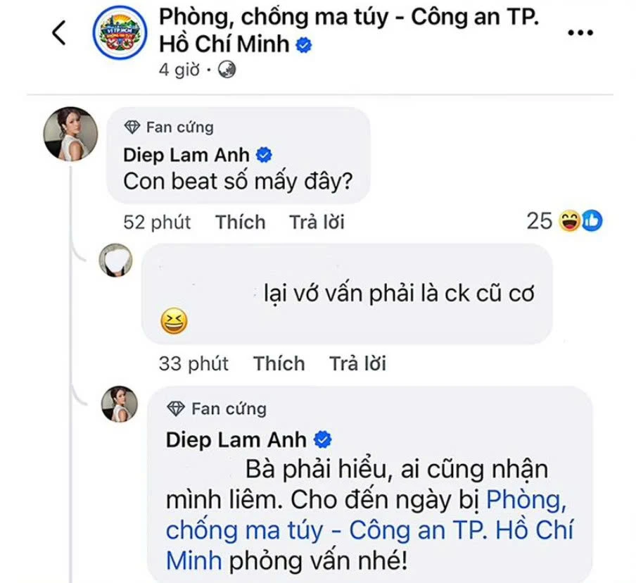 Diệp Lâm Anh bình luận gì ở fanpage Phòng, chống ma túy - Công an TP.HCM mà gây bão?