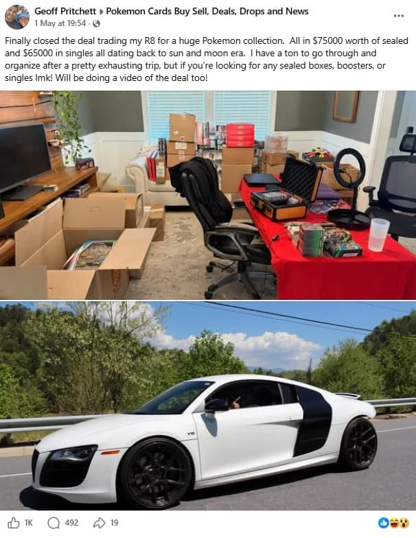 Đổi siêu xe Audi R8 lấy... một mớ thẻ bài: Thương vụ "ngược đời" khiến cộng đồng Pokemon ngỡ ngàng Đổi siêu xe Audi R8 lấy... một mớ thẻ bài: Thương vụ "ngược đời" khiến cộng đồng Pokemon ngỡ ngàng