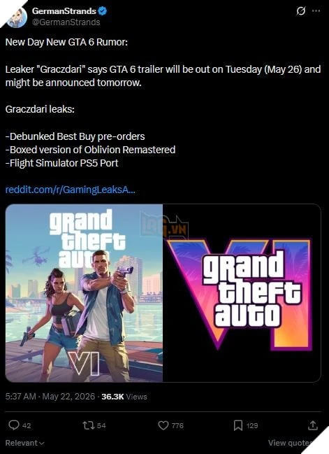 Dường Như Trailer Thứ Ba Của GTA 6 Đã Rò Rỉ Ngày Lên Sóng