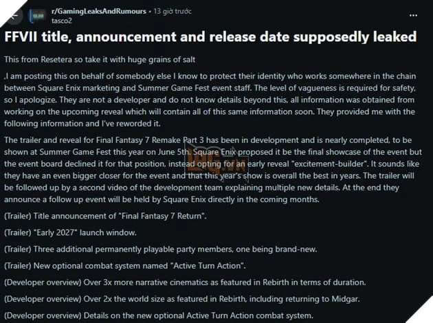 Final Fantasy 7 Remake Part 3 Dường Như Đã Rò Rỉ Tiêu Đề Kèm Ngày Ra Mắt