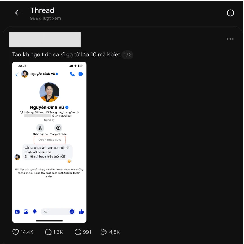 Nguyễn Đình Vũ - ca sĩ bị tố gạ gẫm trai trẻ với hơn 1 triệu lượt đọc trên Threads hiện tại là ai? Nguyễn Đình Vũ - ca sĩ bị tố gạ gẫm trai trẻ với hơn 1 triệu lượt đọc trên Threads hiện tại là ai?