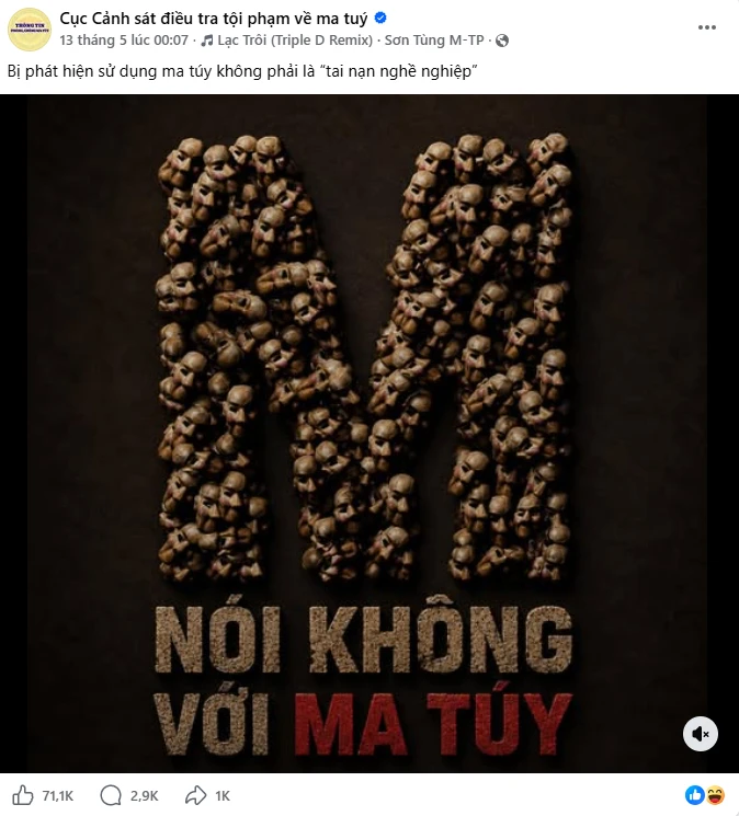 Sản phẩm mới của Sơn Tùng M-TP liên tục lên trang Cục Cảnh sát điều tra về tội phạm ma túy Sản phẩm mới của Sơn Tùng M-TP liên tục lên trang Cục Cảnh sát điều tra về tội phạm ma túy