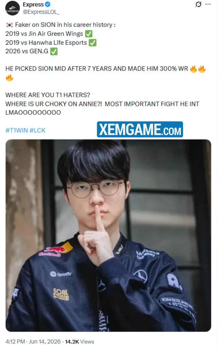 Faker sử dụng Sion trong lượt trận với Gen.G và khiến nó gia nhập hàng ngũ 100% tỉ lệ thắng Faker sử dụng Sion trong lượt trận với Gen.G và khiến nó gia nhập hàng ngũ 100% tỉ lệ thắng
