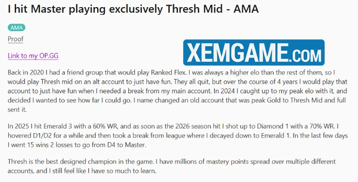 LMHT: Spam Thresh Đường Giữa, game thủ leo hẳn lên Cao Thủ