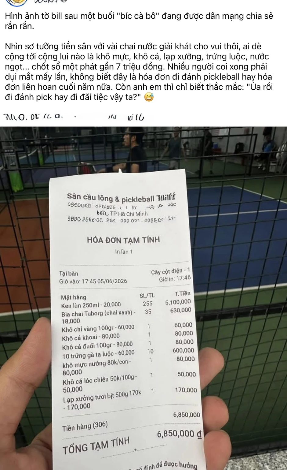 Xôn xao hóa đơn Pickleball đầy "ám muội"