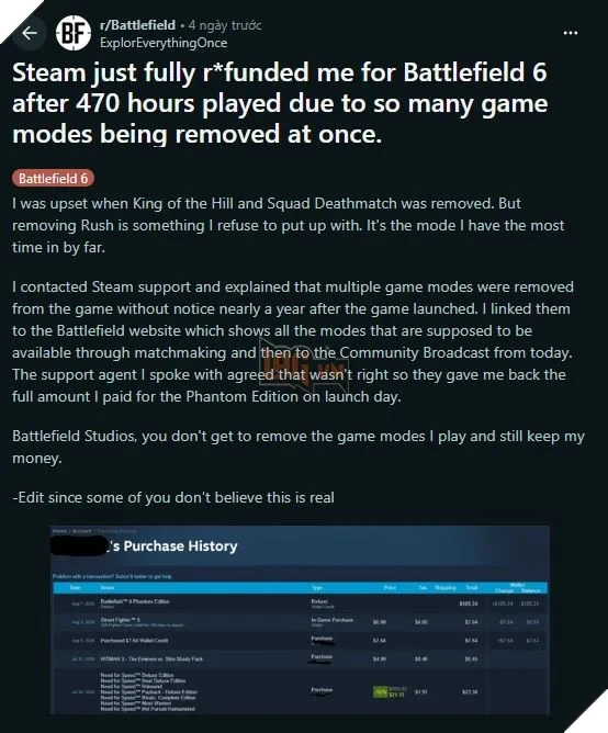 Chơi Battlefield 6 Đến 470 Giờ Nhưng Vẫn Được Steam Hoàn Tiền Đầy Đủ Chơi Battlefield 6 Đến 470 Giờ Nhưng Vẫn Được Steam Hoàn Tiền Đầy Đủ
