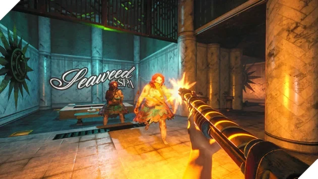 Cảnh chiến đấu trong Twisted Tower với không khí u tối đặc trưng BioShock