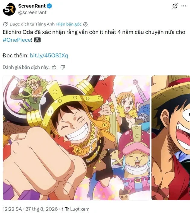 Thực hư thông tin manga "One Piece" sẽ kết thúc trong vòng 4 năm nữa: Lời khẳng định từ Eiichiro Oda hay chỉ là đòn "giật tít"? Thực hư thông tin manga "One Piece" sẽ kết thúc trong vòng 4 năm nữa: Lời khẳng định từ Eiichiro Oda hay chỉ là đòn "giật tít"?