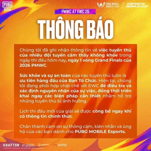 Vòng Chung Kết PUBG Mobile EWC 2026 Chấn Động Bởi Thông Tin Ngộ Độc Thực Phẩm kenhtingame com thumb vong chung ket pubg mobile ewc 2026 chan dong boi thong tin ngo doc thuc pham de521786770043112 940w