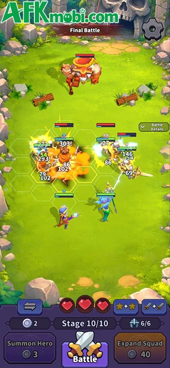 Gameplay chiến thuật Rush Hero AFK Legends RPG Trận chiến trong Rush Hero AFK Legends
