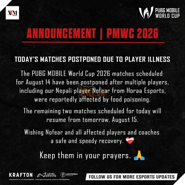 Vòng Chung Kết PUBG Mobile EWC 2026 Chấn Động Bởi Thông Tin Ngộ Độc Thực Phẩm