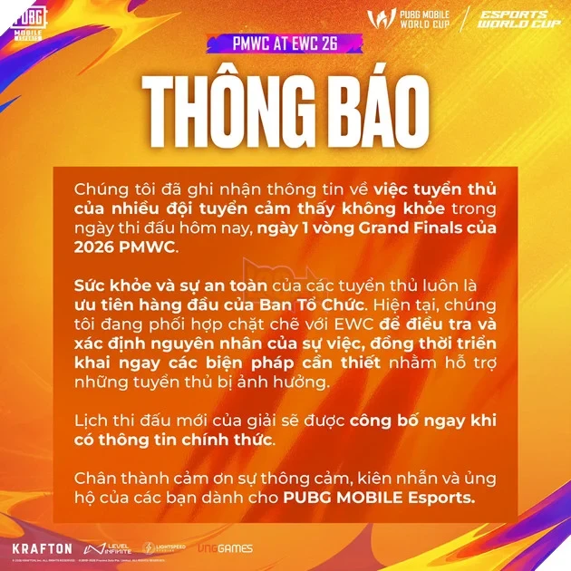Vòng Chung Kết PUBG Mobile EWC 2026 Chấn Động Bởi Thông Tin Ngộ Độc Thực Phẩm