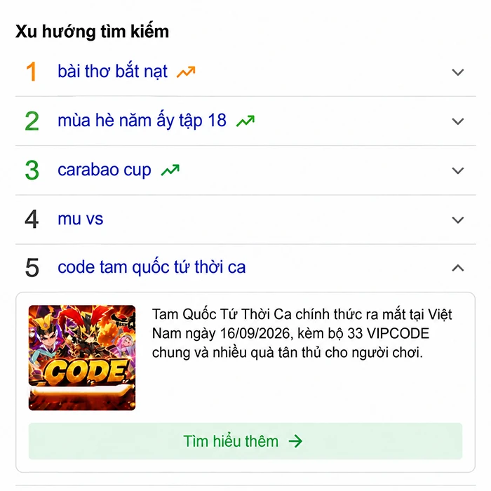 Vừa ra mắt, Tam Quốc Tứ Thời Ca đã lên dẫn đầu xu hướng tìm kiếm toàn quốc, quy tụ gần 300 VIP 10 đến VIP 17 Vừa ra mắt, Tam Quốc Tứ Thời Ca đã lên dẫn đầu xu hướng tìm kiếm toàn quốc, quy tụ gần 300 VIP 10 đến VIP 17