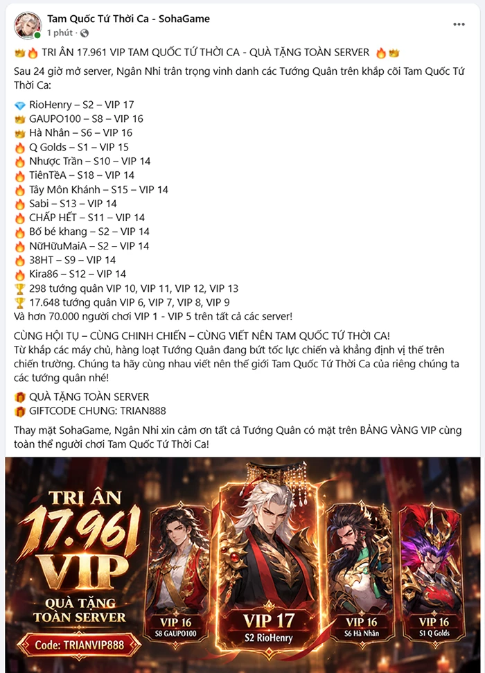Vừa ra mắt, Tam Quốc Tứ Thời Ca đã lên dẫn đầu xu hướng tìm kiếm toàn quốc, quy tụ gần 300 VIP 10 đến VIP 17 Vừa ra mắt, Tam Quốc Tứ Thời Ca đã lên dẫn đầu xu hướng tìm kiếm toàn quốc, quy tụ gần 300 VIP 10 đến VIP 17
