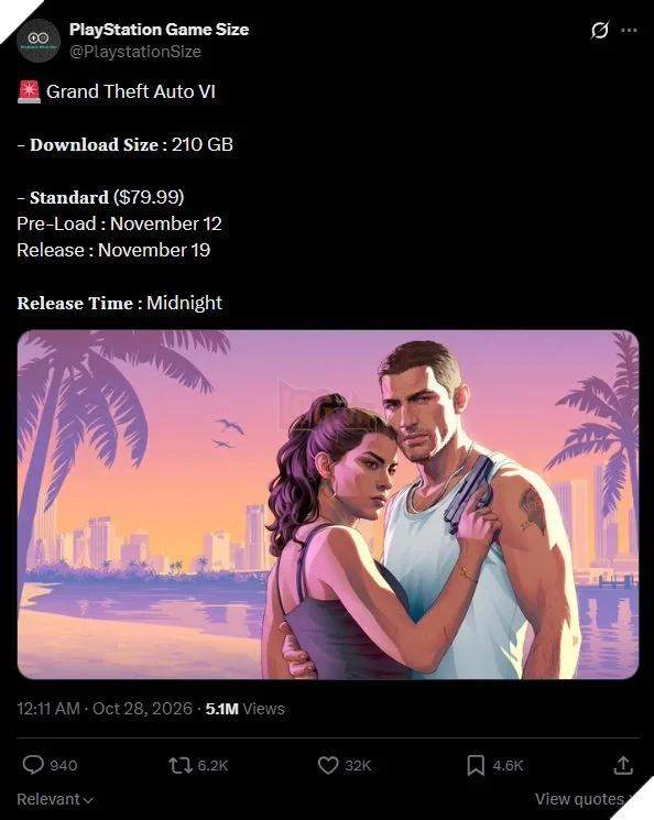 GTA 6 Công Bố Dung Lượng Khủng Trên PS5, Chốt Lịch Tải Trước Để Cộng Đồng Sẵn Sàng GTA 6 Công Bố Dung Lượng Khủng Trên PS5, Chốt Lịch Tải Trước Để Cộng Đồng Sẵn Sàng
